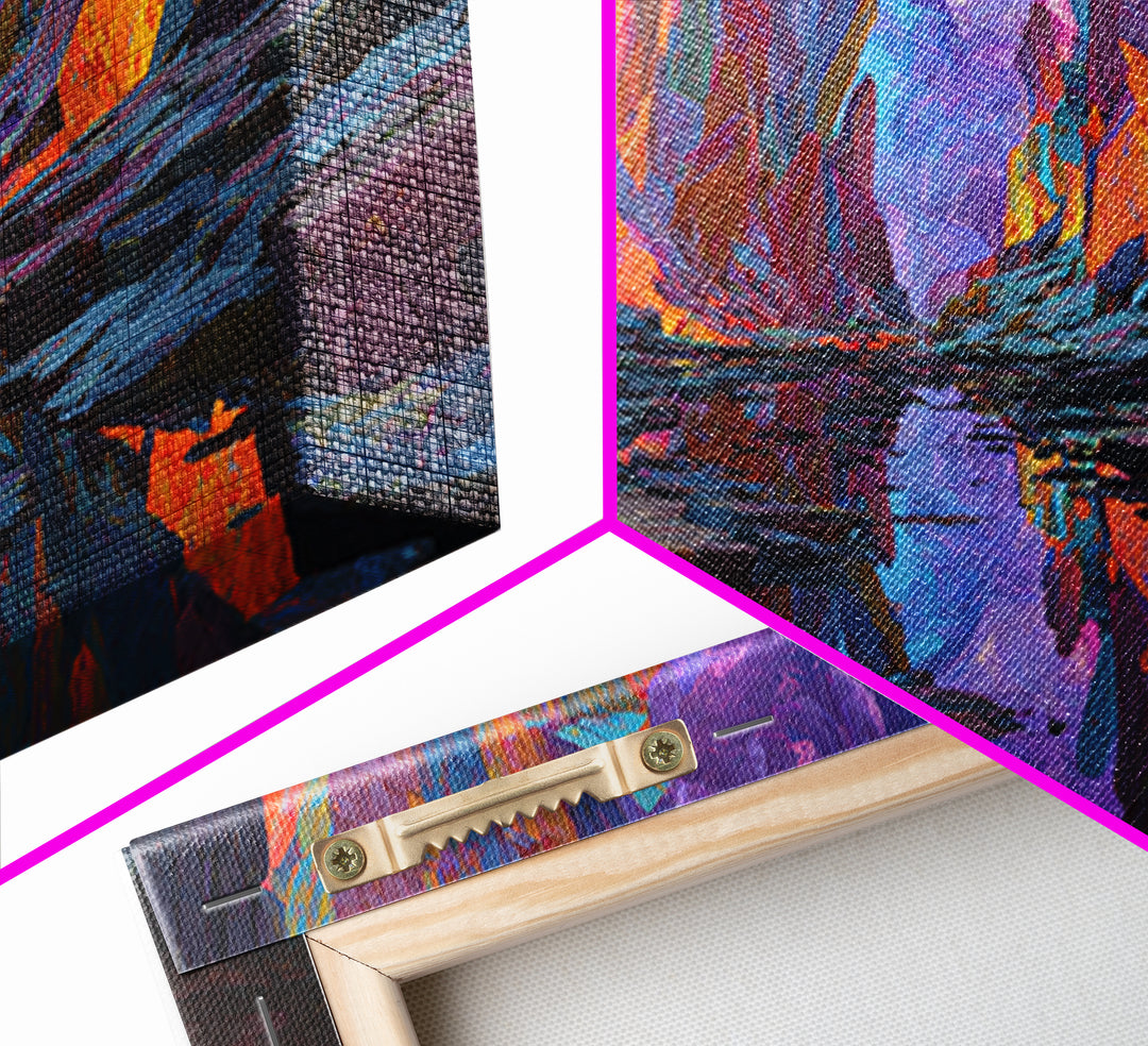 Vibrant Surreal Landscape With Fiery Rock Formations Reflected In Water Large Wall Art Framed Canvas Print