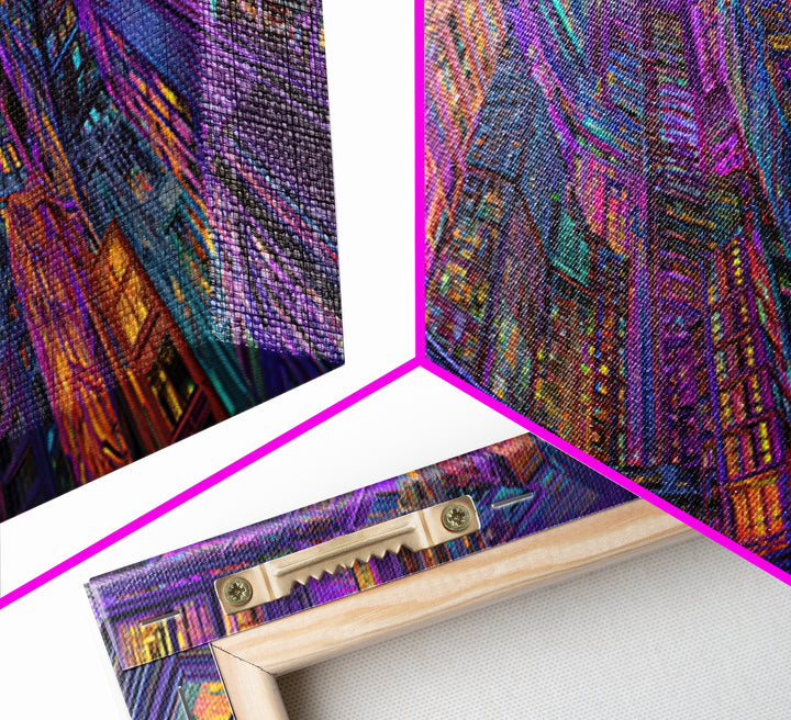Vibrant Neon Cityscape With Tall Skyscrapers Artistic Wall Art Print, Colorful Urban Home Decor, Modern Framed Canvas Print