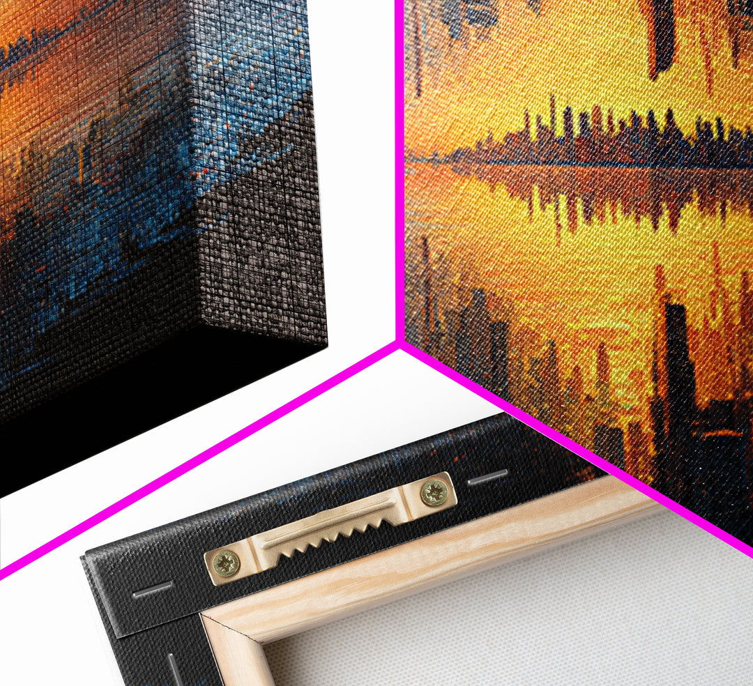 Abstract Cityscape Digital Painting Featuring Inverted Skyline And Sunset Reflection, Canvas Print For Modern Wall Art And Home Decor