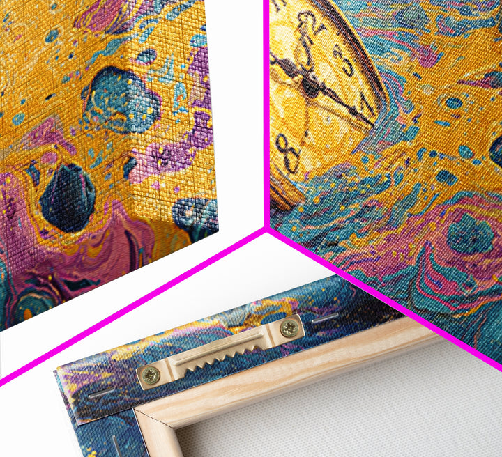 Surreal Abstract Time Melting Clock In Vibrant Blue And Gold Swirling Colors Contemporary Wall Art Printed Canvas Print
