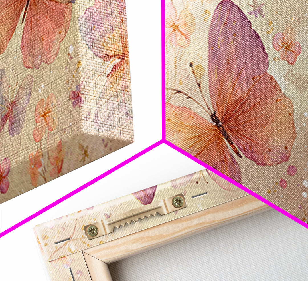 Blush Pink Butterflies And Tiny Flowers Wall Art, Pastel Canvas Print, Whimsical Nursery Bedroom Decor, Feminine Gift For Her