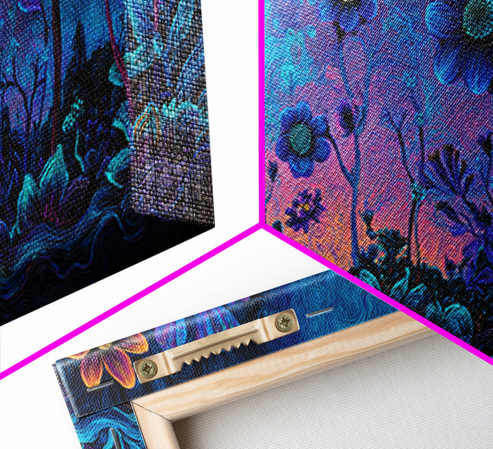 Whimsical Blue And Purple Flowers Digital Painting Vibrant Floral Wall Art Framed Canvas Print For Bedroom Or Living Room Decor