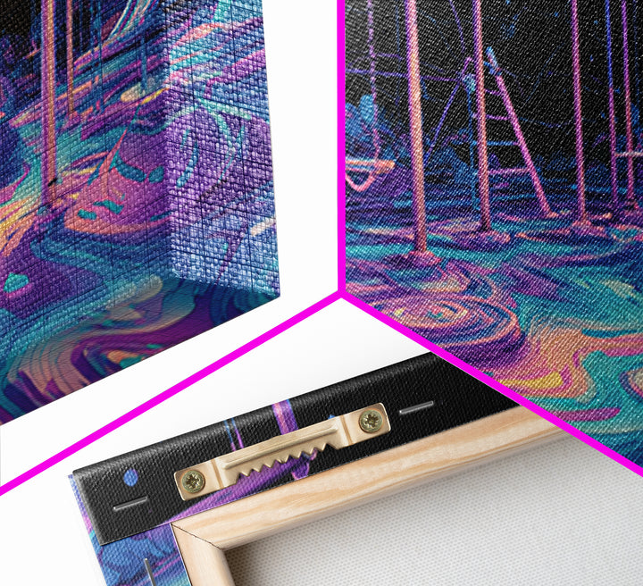 Surreal Neon Playground Illustration With Glowing Elements Wall Art Print, Vibrant Kids Room Decor, Modern Canvas Print