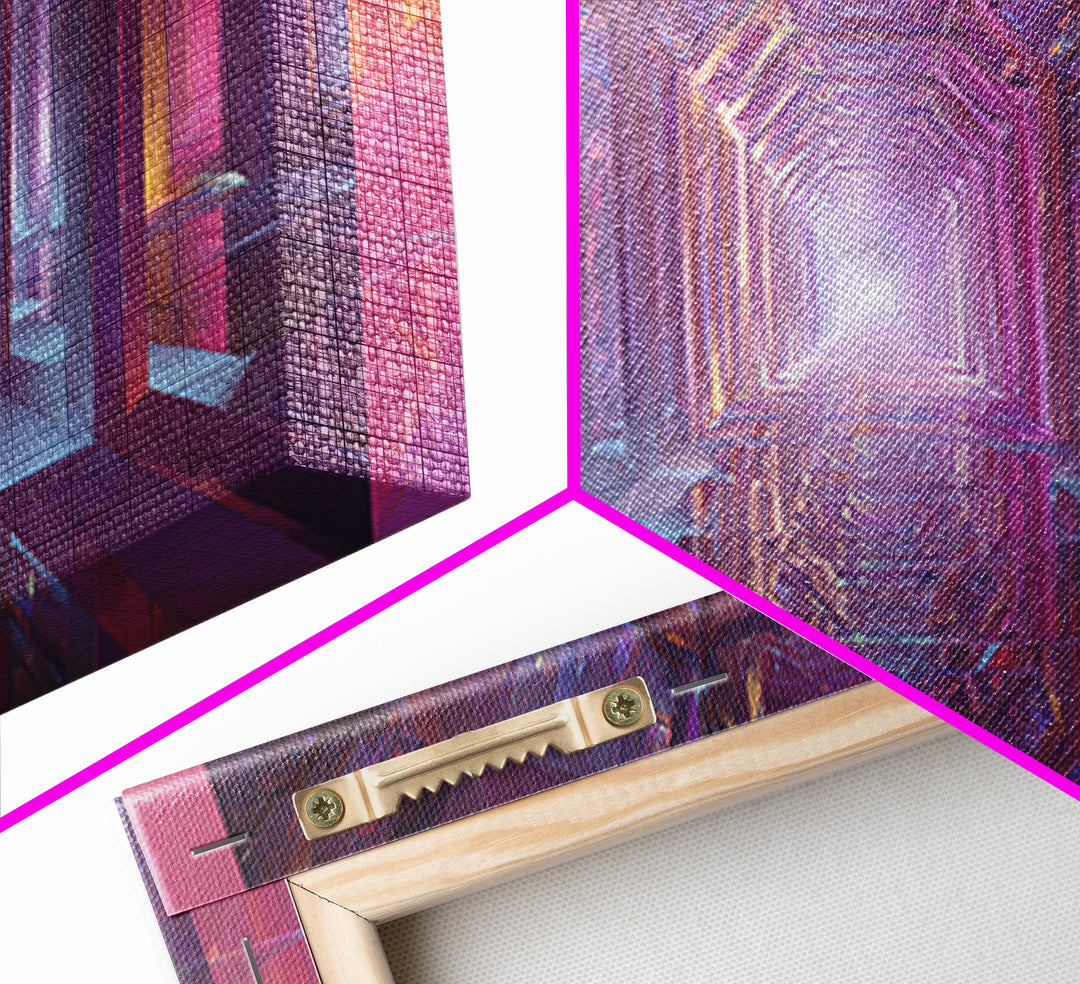 Futuristic Abstract Tunnel With Neon Lights And Mirrors Surreal Digital Art Wall Art Canvas Print