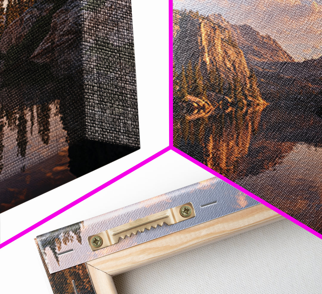 Golden Hour Mountain Lake Landscape With Reflection And Trees Framed Canvas Print Rustic Wall Art For Living Room Decor