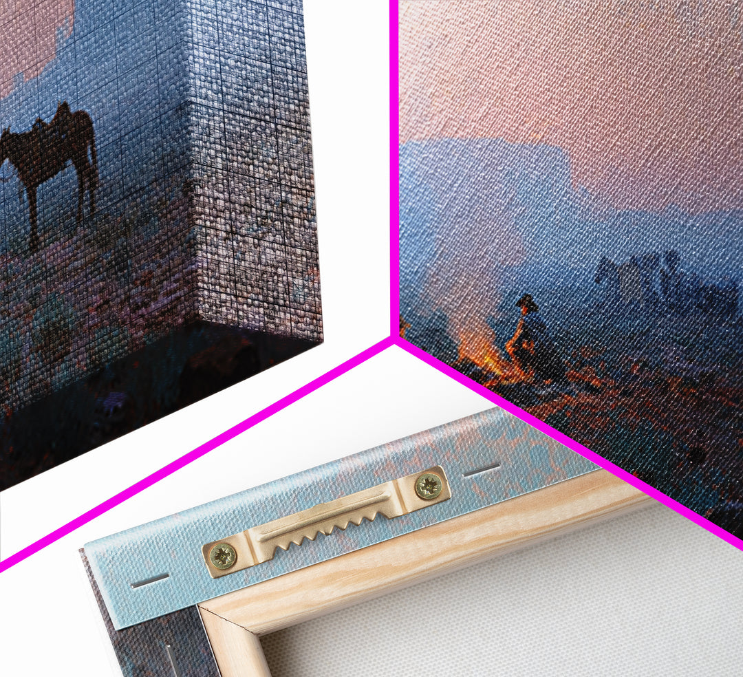 Rustic Cowboy Campfire Scene Oil Painting Wall Art Showcasing Western Lifestyle With Horses For Farmhouse Living Room Decor Framed Canvas Print