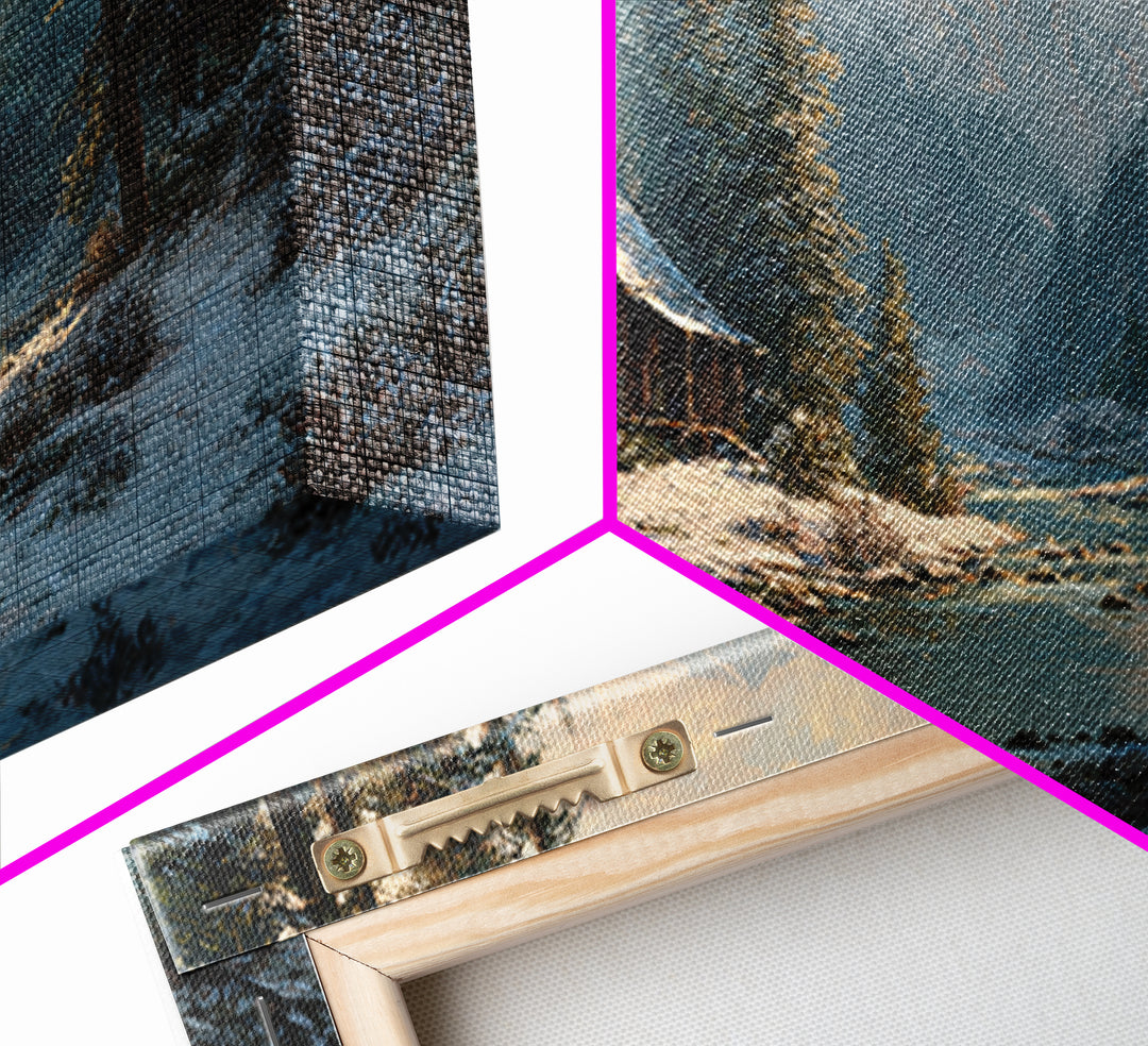 Rustic Winter Landscape Painting Of Cabin Beside Snowy Stream Large Wall Art Original Painting Canvas Print