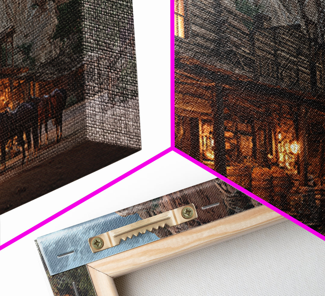 Historic Old Western Log Cabin With Horses At Dusk Wall Art Framed Canvas Print For Rustic Home Décor