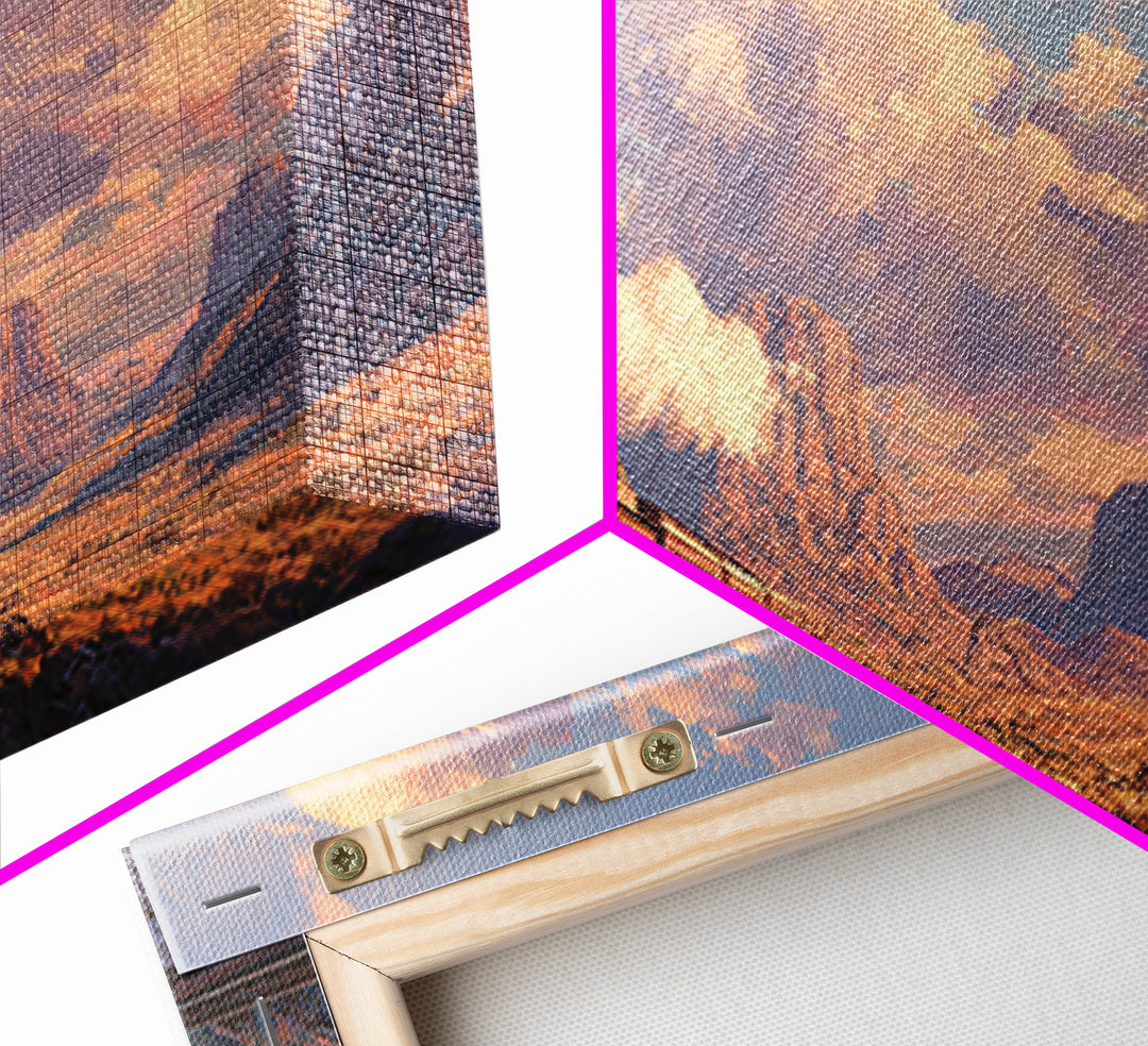 Vintage Steam Locomotive Train Crossing Desert Canyon Landscape Painting Canvas Print Rustic Wall Art