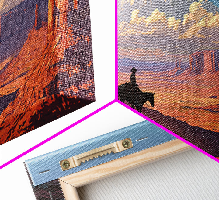 Cowboy On Horse Overlooking Majestic Red Rock Canyon Landscape Wall Art Framed Canvas Print For Rustic Home Decor