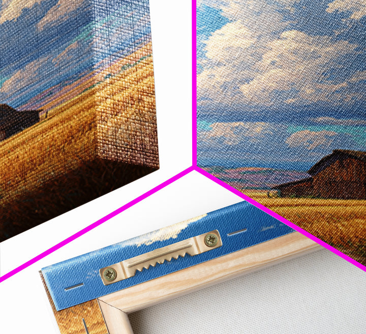 Quiet Serenity Of Rustic Barn In Golden Field Under Expansive Sky Wall Art Framed Canvas Print