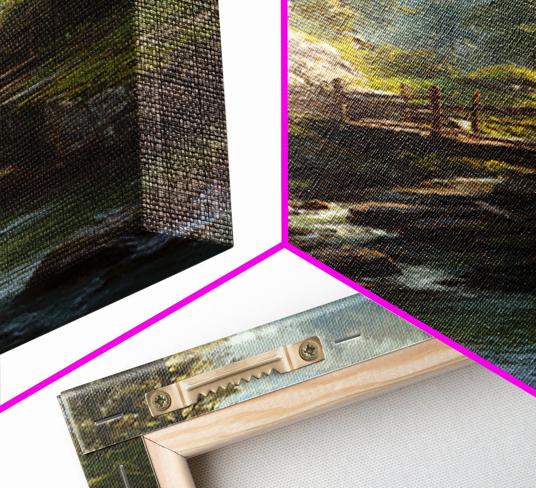 Peaceful Forest Stream Landscape Oil Painting With Bridge And Sunlight Fine Art Print Wall Art