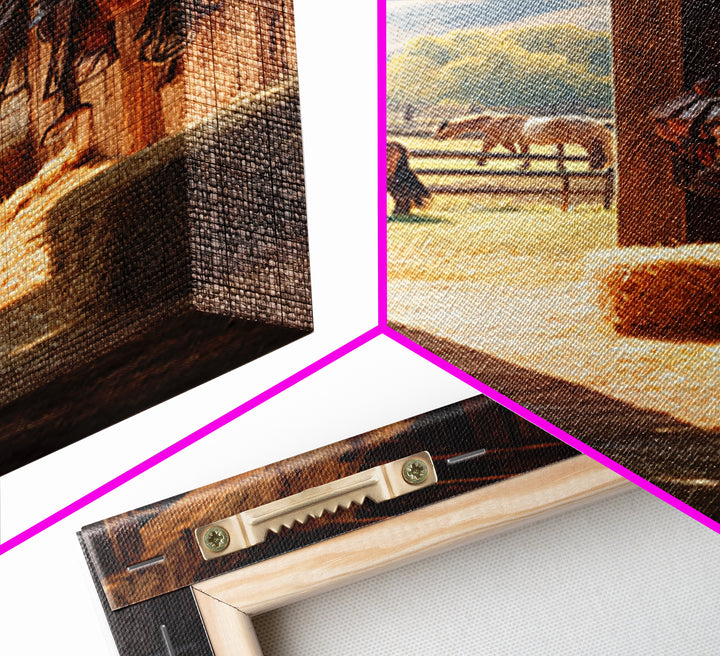 Warm Countryside Barn Interior With Horses Rustic Wall Art Framed Canvas Print Cozy Farmhouse Home Decor