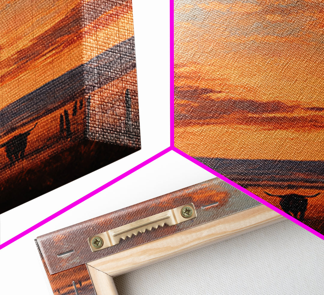 Rustic Western Sunset Landscape Painting With Longhorn Cows Framed Canvas Print For Country Home Decor And Farmhouse Wall Art