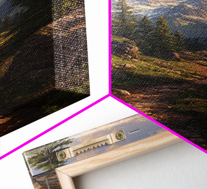 Cozy Sunrise Mountain Trail Landscape Canvas Print Rustic Wall Art With Sunlit Pines And Rocks For Cabin Or Living Room Decor