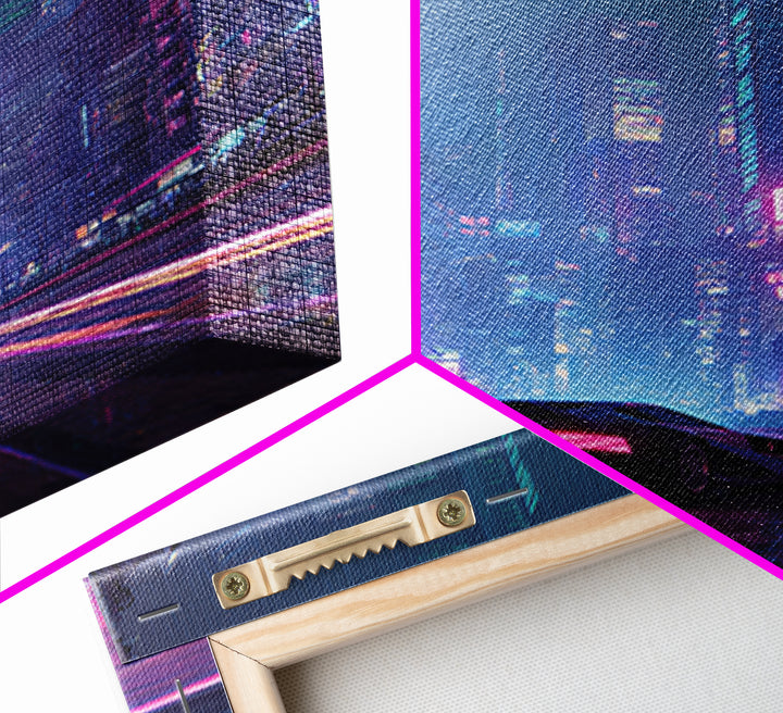 Futuristic Cyberpunk Car Racing Through Neon Lit Rainy City Streets Canvas Print For Trendy Wall Art