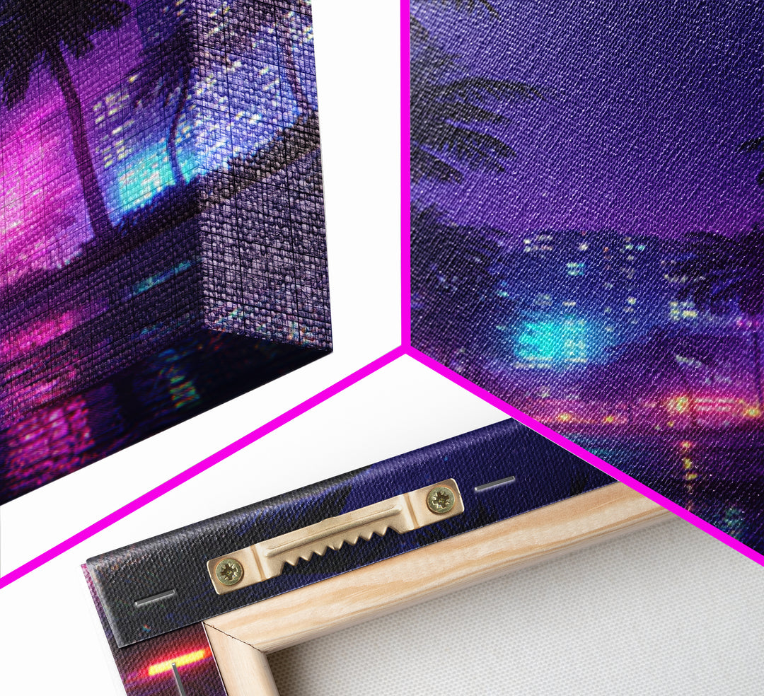 Neon Cityscape With Palm Trees And Retro Sports Car Large Wall Art Framed Canvas Print Vibrant Modern Home Decor