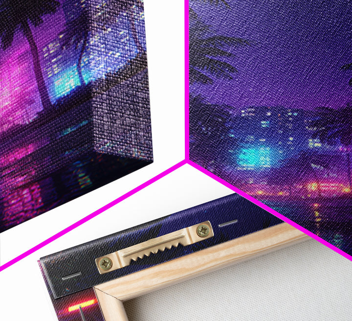 Neon Cityscape With Palm Trees And Retro Sports Car Large Wall Art Framed Canvas Print Vibrant Modern Home Decor