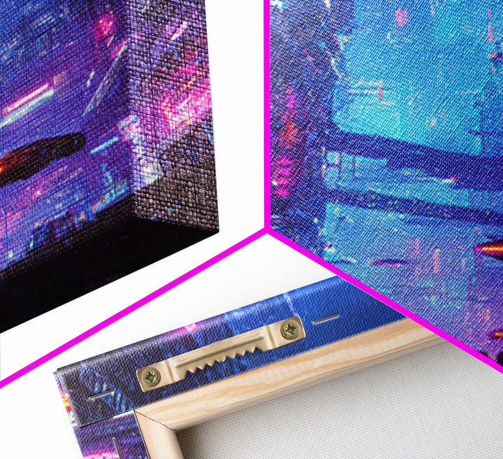 Cyberpunk Cityscape Night Scene Neon Lights Digital Wall Art Framed Canvas Print for Modern Home Decor