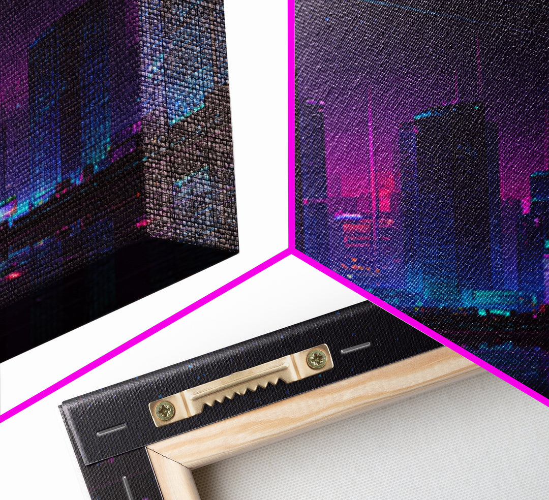 Cyberpunk Neon Cityscape Night Scene With Reflective Water And Shooting Stars Modern Wall Art For Office And Living Room Canvas Print
