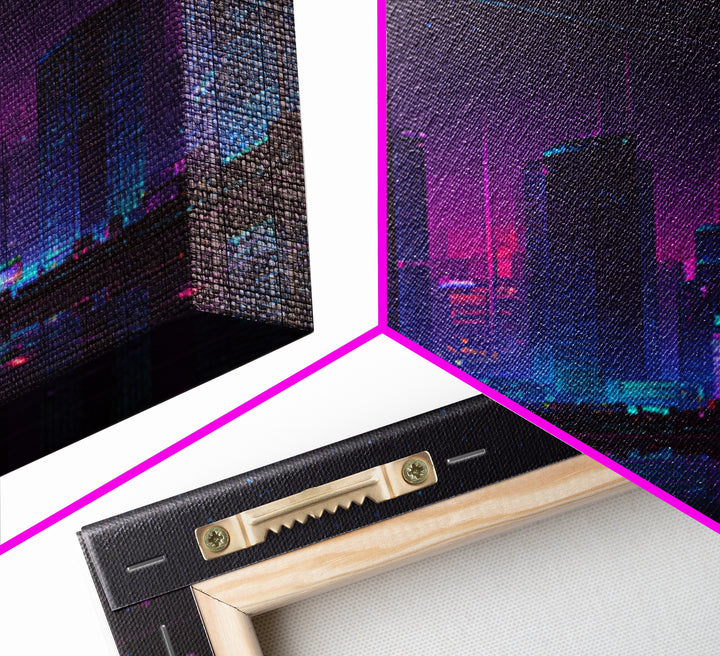 Cyberpunk Neon Cityscape Night Scene With Reflective Water And Shooting Stars Modern Wall Art For Office And Living Room Canvas Print