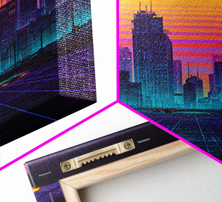 Futuristic Cityscape Digital Artwork With Neon Lights And Retro Sunset Beautiful Contemporary Wall Art Print For Office Decor