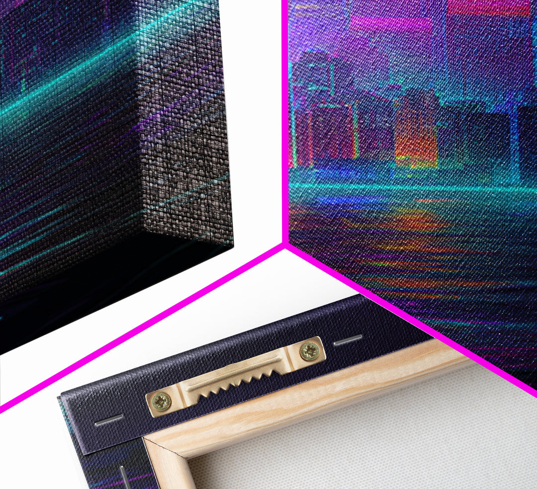 Neon Cyberpunk Cityscape With Reflections Futuristic Digital Wall Art Framed Canvas Print