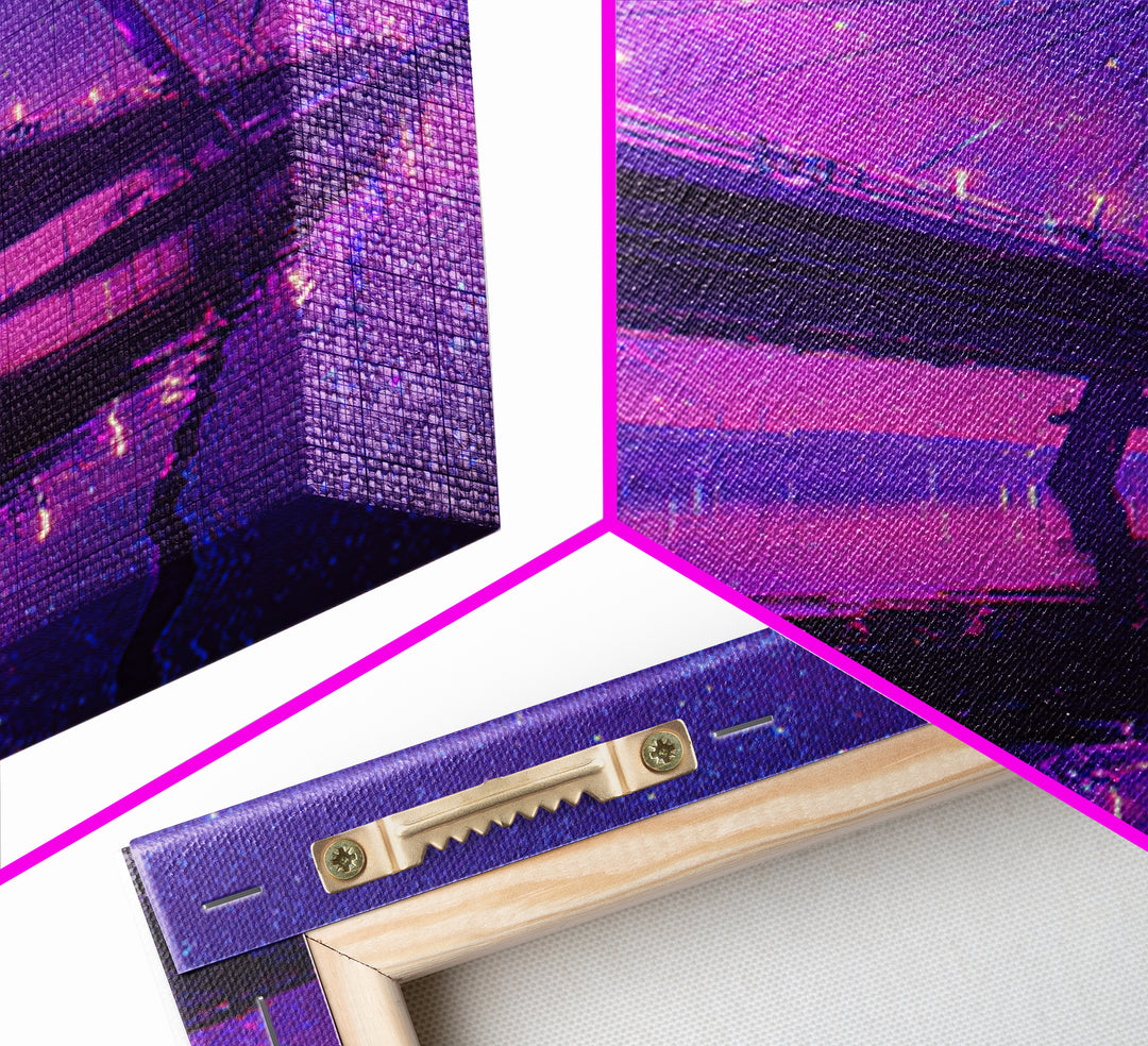 Digital 80s Style Neon Mountain Landscape With Purple Glowing River Wall Art Framed Canvas Print For Retro Modern Home Decor