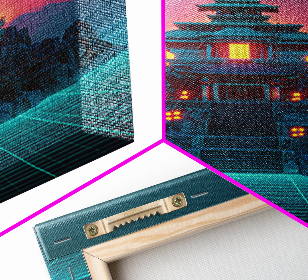 Futuristic Cyberpunk Japanese Temple Digital Artwork Wall Art Vibrant Canvas Print Perfect For Modern Home Decor