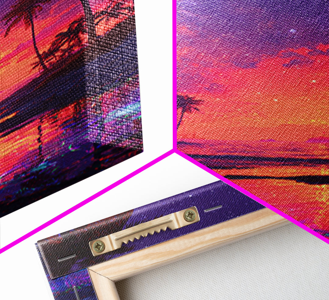 Vibrant Tropical Beach Sunset With Starry Sky Landscape Wall Art For Home Decor Framed Canvas Print