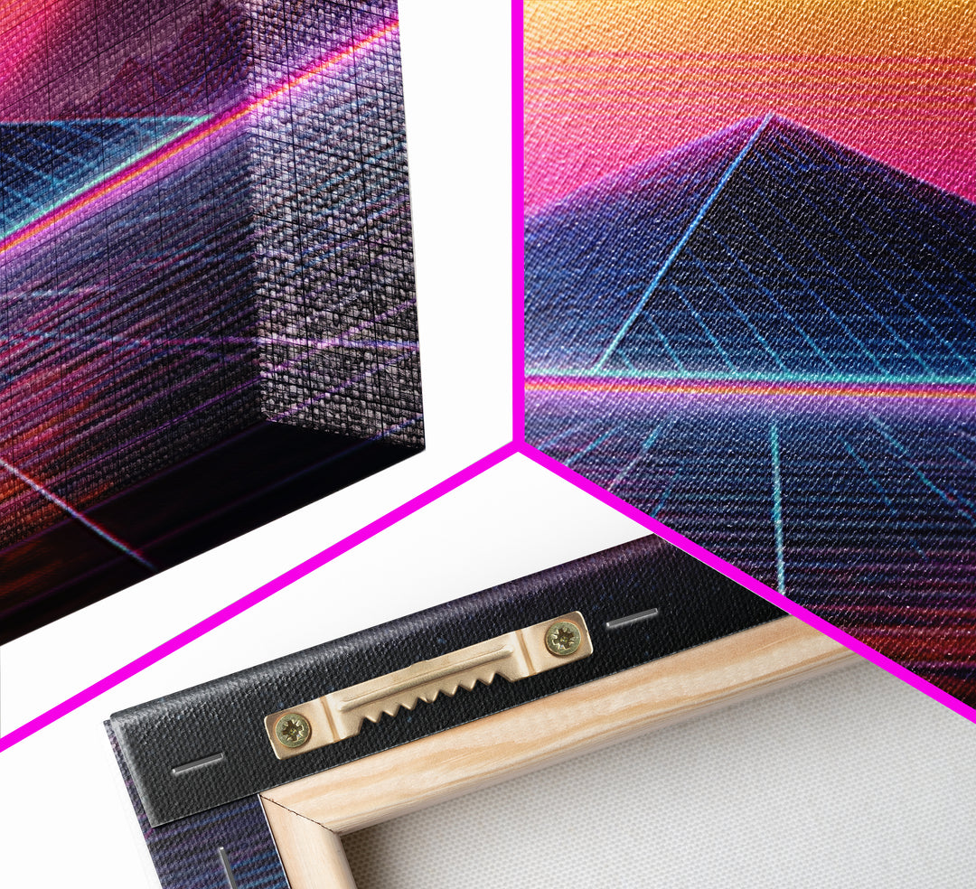 Retro Futuristic Neon Pyramid Digital Artwork Wall Art Framed Canvas Print For Sci Fi Bedroom Decor Modern Tech Art Gift