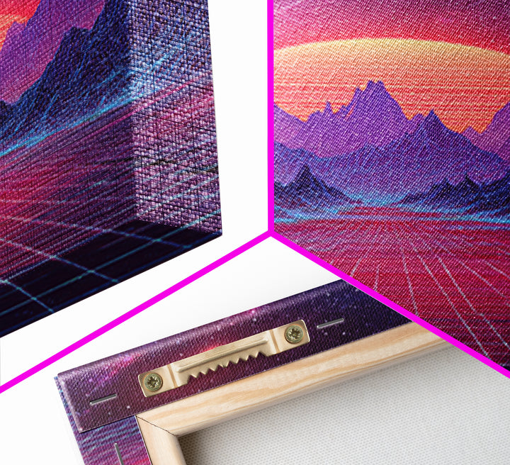 Surreal Futuristic Mountain Sunset Digital Canvas Print, Neon Grid Landscape Wall Art, Sci-Fi Inspired Modern Decor