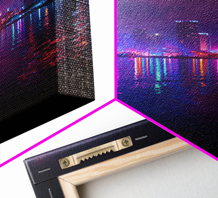 Miami City Lights Neon Reflection At Night Urban Wall Art Modern Canvas Print For Office Decor And Living Room