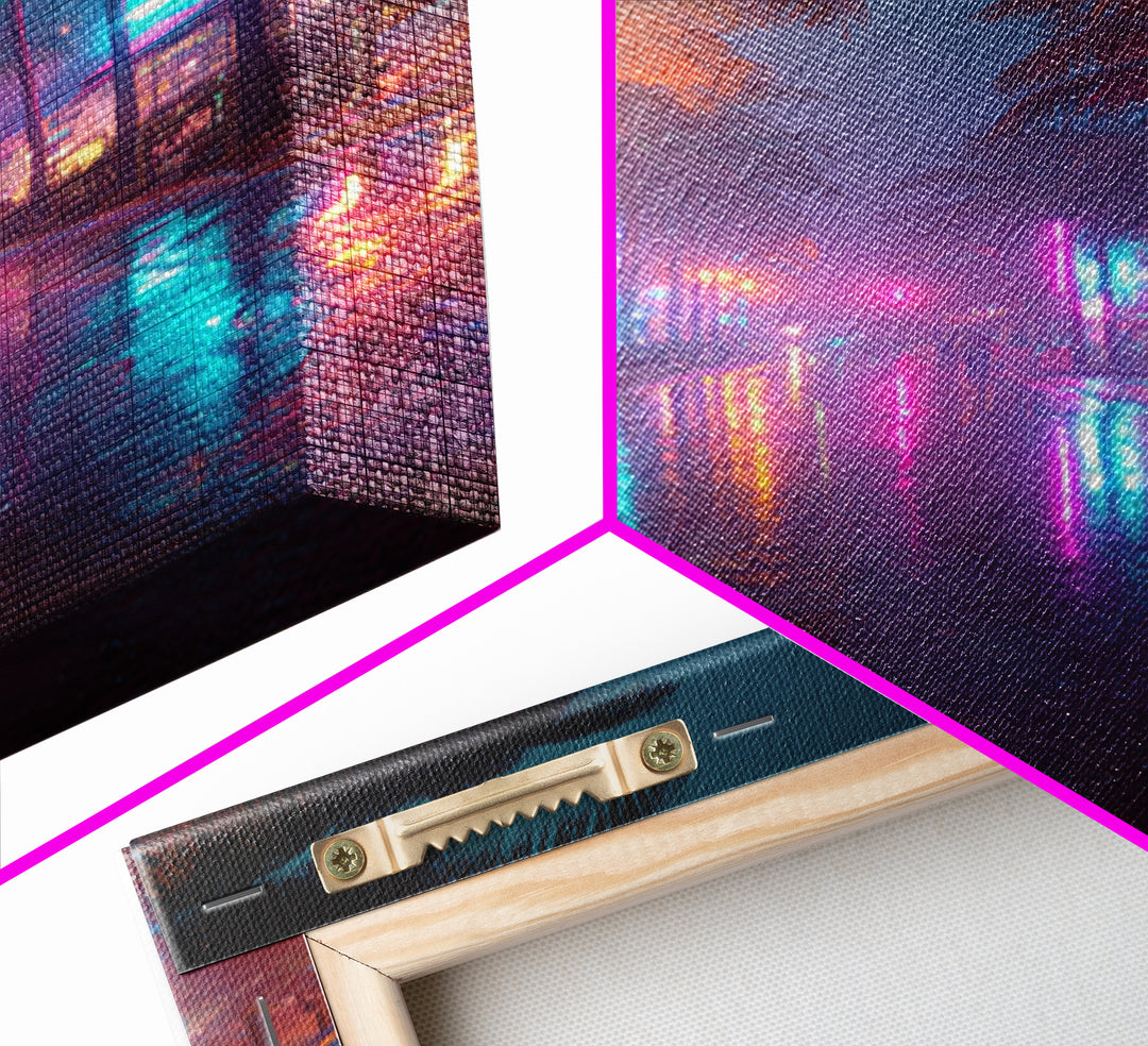 Wet Neon City Street At Night Rainfall Reflection Wall Art Modern Canvas Print For Bedroom And Living Room Decor
