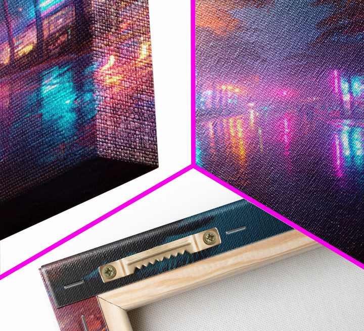 Wet Neon City Street At Night Rainfall Reflection Wall Art Modern Canvas Print For Bedroom And Living Room Decor