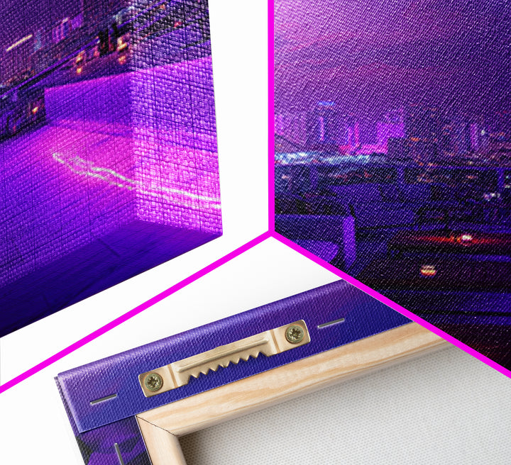Modern City Nightscape With Vibrant Purple Neon Lights Wall Art Canvas Print Trendy Home Décor For Living Room