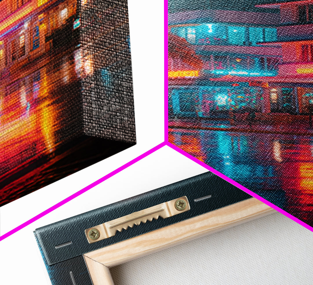 Neon City Night Scene With Palm Trees And Vibrant Lights Ultra Modern Wall Art Framed Canvas Print For Urban Home Decor