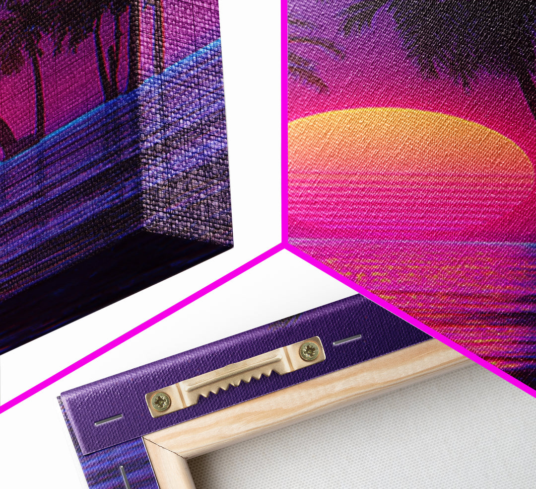 Vivid Neon Sunset With Palm Trees And Reflective Waterfall Retro Futuristic Landscape Wall Art Canvas Print