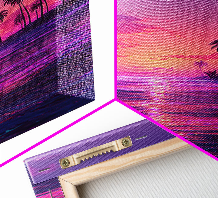 Vibrant Neon Pink And Purple Tropical Sunset With Palm Trees Coastal Wall Art Canvas Print For Modern Beach Decor