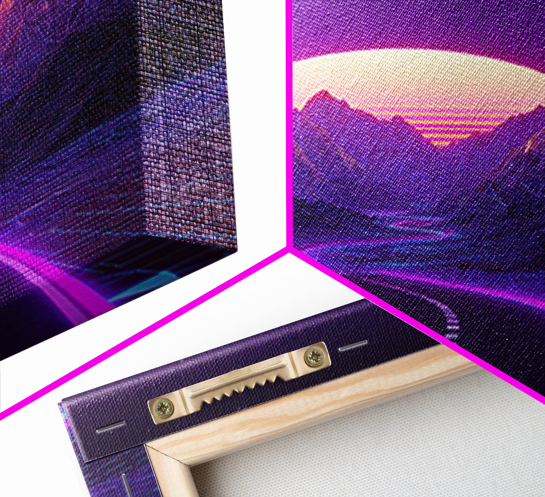 Cyberpunk Cityscape At Night With Purple Neon Lights Reflecting On Water Modern Wall Art Framed Canvas Print For Trendy Decor