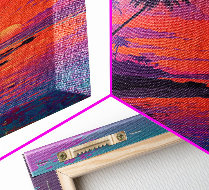 Colorful Tropical Sunset Beach With Palm Trees Reflecting In Water Vibrant Wall Art Canvas Print