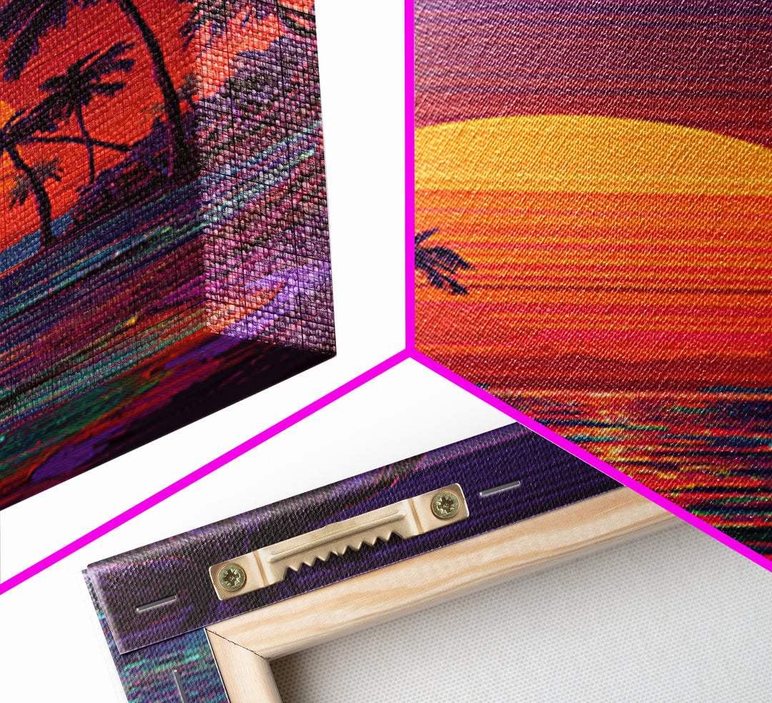 Vibrant Retro Sunset Beach Scene Canvas Print Featuring Palm Trees And Ocean Waves Colorful Coastal Wall Art Home Decor
