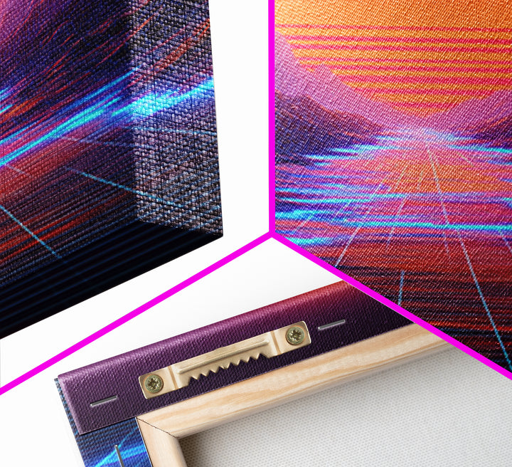 Retro Synthwave Landscape With Neon Grid Road And Large Sun Wall Art Canvas Print For Modern Living Room Decor