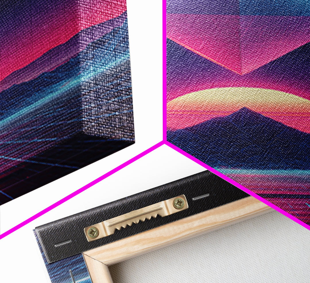 Futuristic Neon Pyramid Sunset Scene Wall Art Featuring Geometric Mountains With A Vibrant Canvas Print
