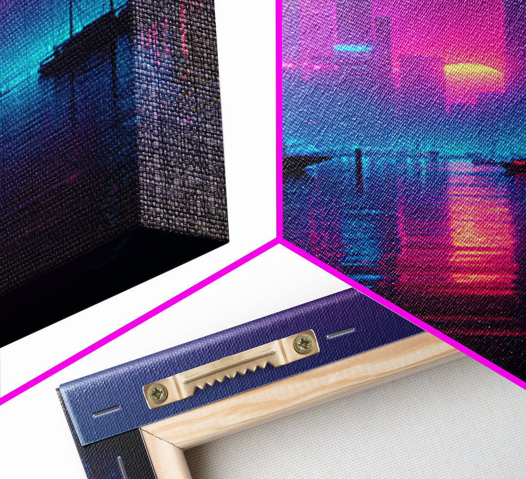 Futuristic Neon Cityscape With Sun Setting Over Harbor Framed Canvas Print For Cyberpunk Wall Art And Modern Home Decor