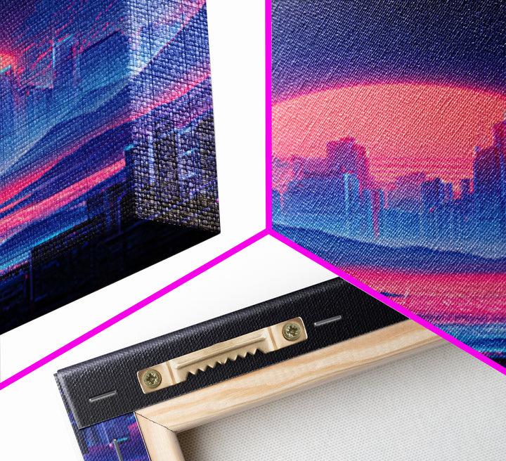 Futuristic Vibrant Neon Cityscape Digital Artwork Cyberpunk Sunset Modern Wall Art Large Framed Canvas Print