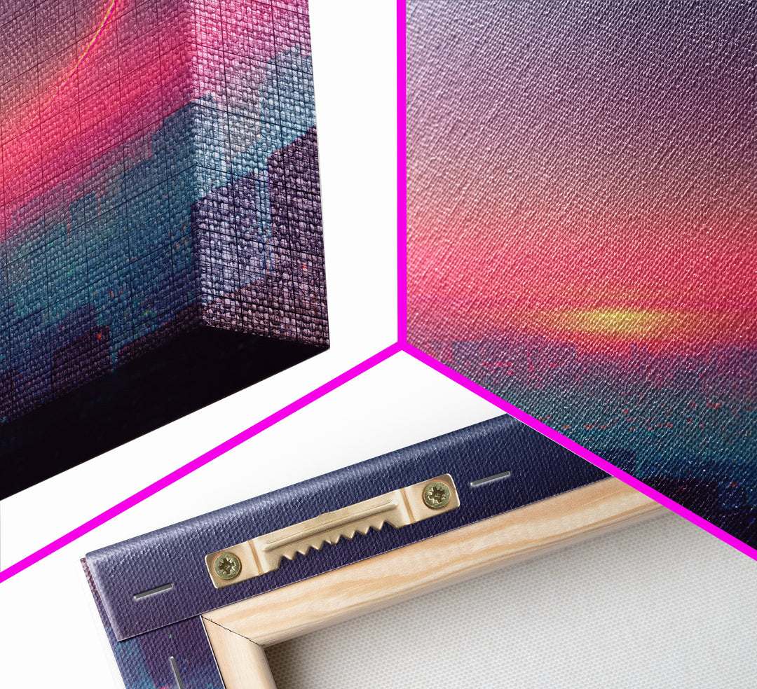 Mystical City Sunset With Crescent Neon Ring Over Buildings Framed Canvas Print For Futuristic Wall Art And Modern Decor
