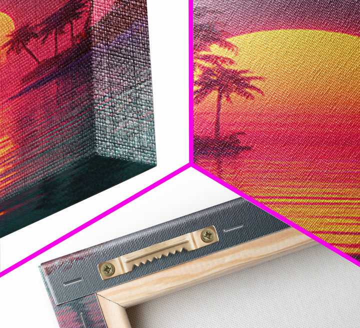 Retro Futuristic Vibrant Palm Trees Sunset With Neon Pink Sky Canvas Print Tropical Wall Art Coastal Decor Modern Wall Art