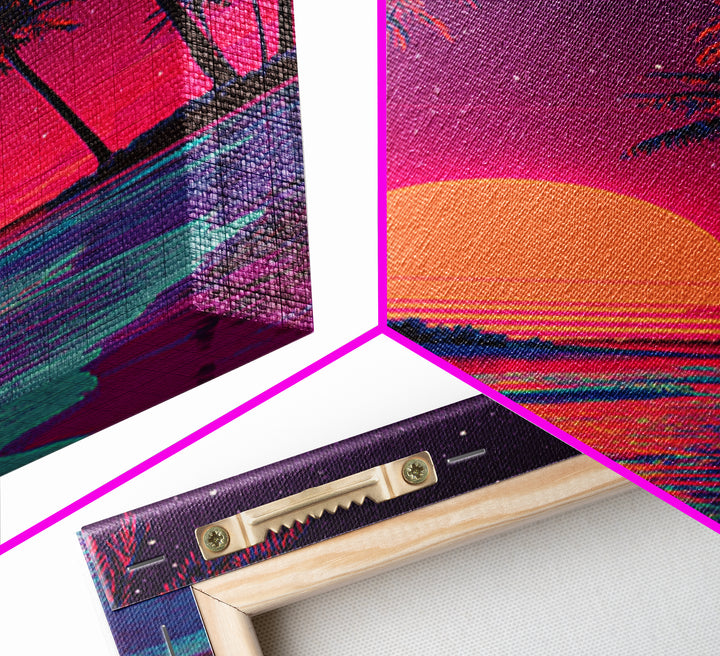 Retro Tropical Sunset With Palm Trees And Starry Sky Wall Art Canvas Print For Boho And Coastal Bedroom Decor
