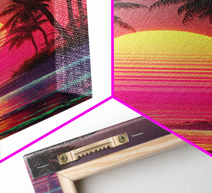 Dreamy Pink Sunset Tropical Island Palm Trees Calm Water Canvas Print Wall Art For Coastal Home Decor